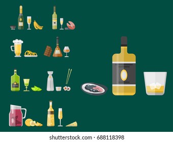 Alcohol drinks beverages cocktail appetizer bottle lager container drunk different snacks glasses vector illustration.