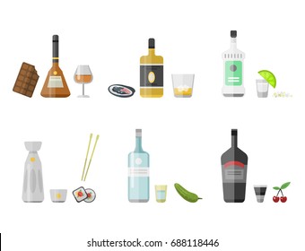 Alcohol drinks beverages cocktail appetizer bottle lager container drunk different snacks glasses vector illustration.