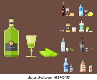 Alcohol drinks beverages cocktail appetizer bottle lager container drunk different snacks glasses vector illustration.