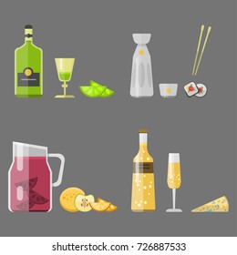 Alcohol drinks beverages cocktail appetizer bottle lager container drunk different snacks glasses vector illustration.