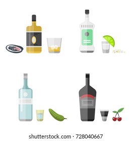 Alcohol drinks beverages, cocktail appetizer bottle, lager container drunk, different snacks glasses vector illustration.