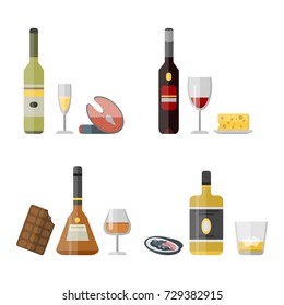 Alcohol drinks beverages cocktail appetizer bottle lager container drunk different snacks glasses vector illustration.