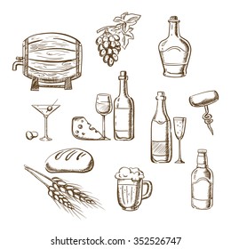 Alcohol drinks and beverages sketch icons with bottles of wine, beer, champagne, brandy, filled wineglasses, wooden barrel, cocktail, glass, olives and some snacks. Party or restaurant design usage