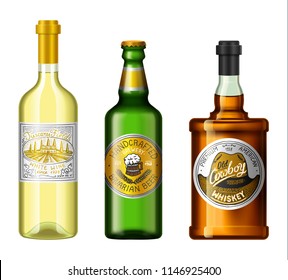 Alcohol drinks in a bottle with different vintage labels. Realistic Wine Whiskey Beer. Vector illustration for the menu. logo engraved hand drawn.