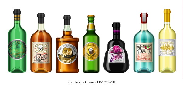 Alcohol drinks in a bottle with different vintage labels. Realistic Absent Liqueur Tequila Wine Whiskey Beer Rum. Vector illustration for the menu. logo engraved hand drawn.