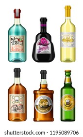 Alcohol drinks in a bottle with different vintage labels. Realistic Absent Liqueur Tequila Wine Whiskey Beer Rum. Vector illustration for the menu. logo engraved hand drawn.