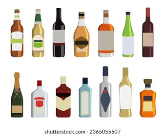 Alcohol drinks bottle icons in a flat design. Alcoholic beverages in bottles. Alcohol bottle icons isolated