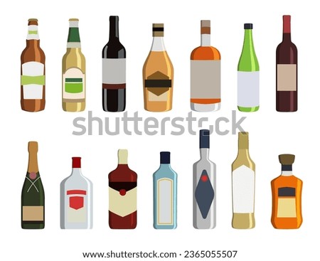 Alcohol drinks bottle icons in a flat design. Alcoholic beverages in bottles. Alcohol bottle icons isolated