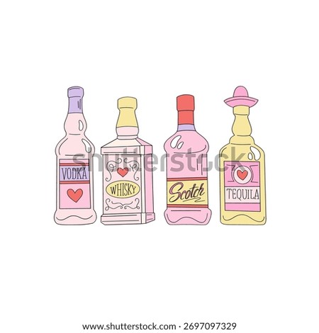 Alcohol Drinks Bottles Clipart Set, Groovy Valentines Day Retro Aesthetic Illustration for T-Shirt Design, Scrapbooking and Stickers
