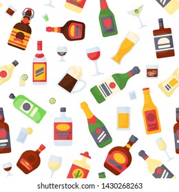 Alcohol drinks in bottles cocktail glasses whiskey cognac brandy beer champagne wine vector collection