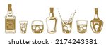 alcohol drinks bottles engraving vector set. Vodka, whiskey and cognac. Isolated vintage style .
