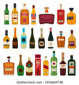 Alcohol drinks in bottles. Flat whiskey, liquor, beer in glass bottle. Cartoon bar cocktail beverages, rum, wine and vodka. Booze vector set