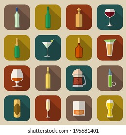 Alcohol drinks bottles and glass icons flat set of tequila vermouth whiskey isolated vector illustration