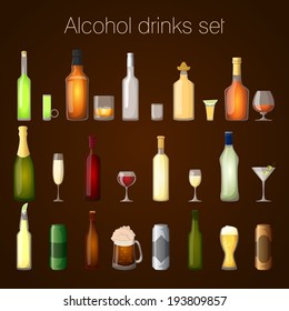 Alcohol drinks bottles and glass set of wine beer champagne martini isolated vector illustration