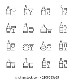 Alcohol drinks. Bottles and glasses line icons.