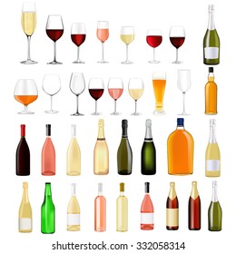 Alcohol drinks in bottles and glasses: whiskey, cognac, brandy, beer, champagne, wine Vector Illustration isolated on white background.