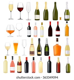 Alcohol drinks in bottles and glasses: whiskey, cognac, brandy, beer, champagne, wine. Vector illustration isolated on white background.