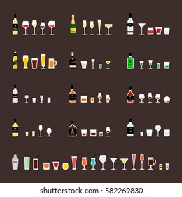 Alcohol drinks, bottles and recommended glasses. Vector icons set in flat style