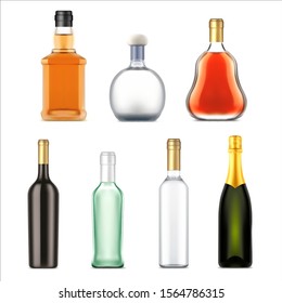 Alcohol drinks bottles, vector realistic isolated set. Premium alcohol drink bottles of whiskey, vodka and gin, rum, tequila and cognac, bourbon and champagne, bar beverages