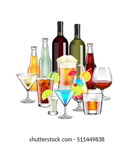 Alcohol drinks and cocktails composition isolated on white background vector