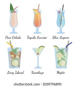 Alcohol drinks and cocktails. Flat vector illustration