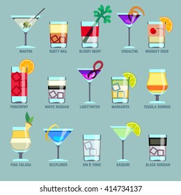 Alcohol drinks and cocktails flat vector icons. Drink cocktail, icon cocktail alcohol, glass cocktail illustration