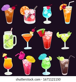 Bebidas alcohólicas y cócteles. Gafas dibujadas a mano con diferentes bebidas. Patrón vectorial transparente y colorido en estilo plano.