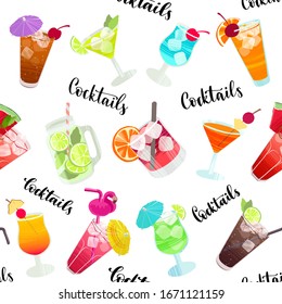 Alcohol drinks and cocktails. Hand drawn glasses with different beverage. Colorful seamless vector pattern in flat style.