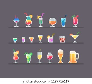 Alcohol drinks and cocktails icon set in pixel art style.