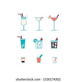 Alcohol drinks and cocktails icon set in flat design style. Vector illustration. 