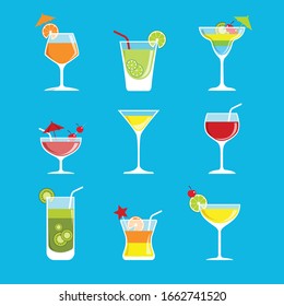 Alcohol drinks and cocktails icon set in flat design style.