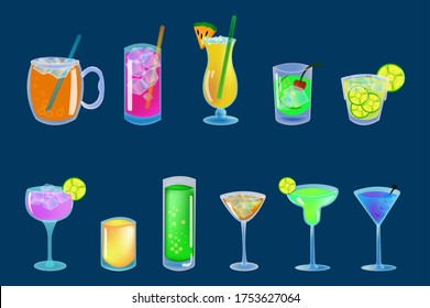 Alcohol drinks and cocktails icon set in flat design style. Vector illustration