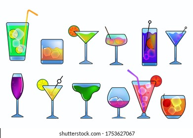 Alcohol drinks and cocktails icon set in flat design style. Vector illustration