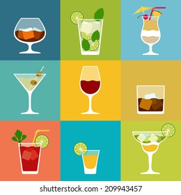 Alcohol drinks and cocktails icon set in flat design style.