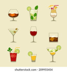 Alcohol drinks and cocktails icon set in flat design style.