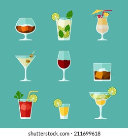 Alcohol drinks and cocktails icon set in flat design style.