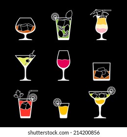 Alcohol drinks and cocktails icon set in flat design style.