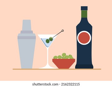 Alcohol drinks and cocktails icon set in flat design style.