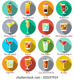 Alcohol drinks and cocktails icon set in flat design style. Vector illustration.