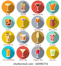 Alcohol drinks and cocktails icon set in flat design style. Vector illustration. 