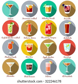 Alcohol drinks and cocktails icon set in flat design style. Vector illustration. 