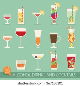 Alcohol drinks and cocktails icon set in flat design style.