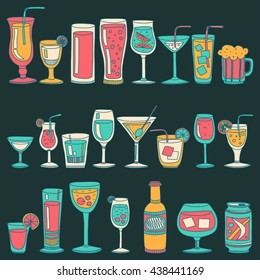 Alcohol drinks and cocktails icon set