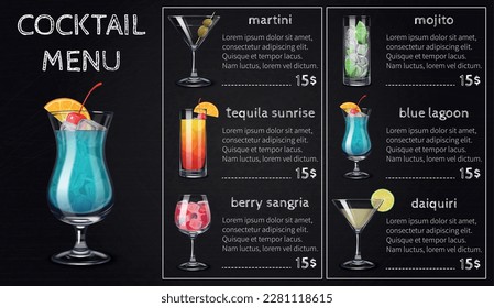 Alcohol drinks cocktails menu composition with blank background and editable text with price and colorful images vector illustration