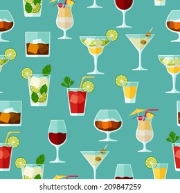 Alcohol drinks and cocktails seamless pattern in flat style.