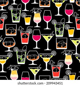 Alcohol drinks and cocktails seamless pattern in flat style.