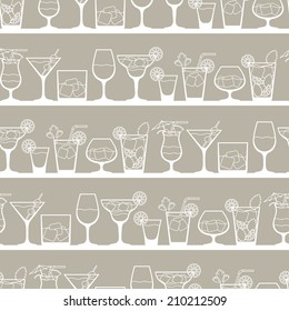 Alcohol drinks and cocktails seamless pattern in flat style.