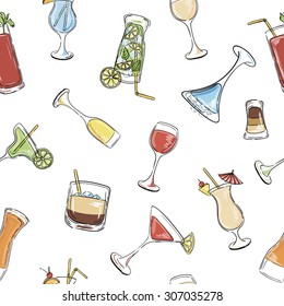 Alcohol drinks and cocktails seamless pattern. Useful for restaurant identity, packaging, menu design and interior decorating.