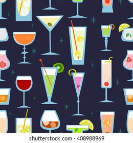 Alcohol drinks and cocktails seamless pattern in flat style