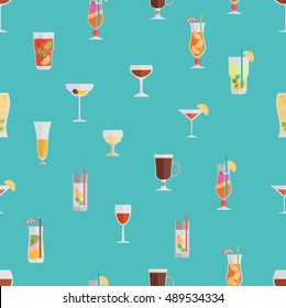 Alcohol drinks and cocktails seamless pattern in flat style.